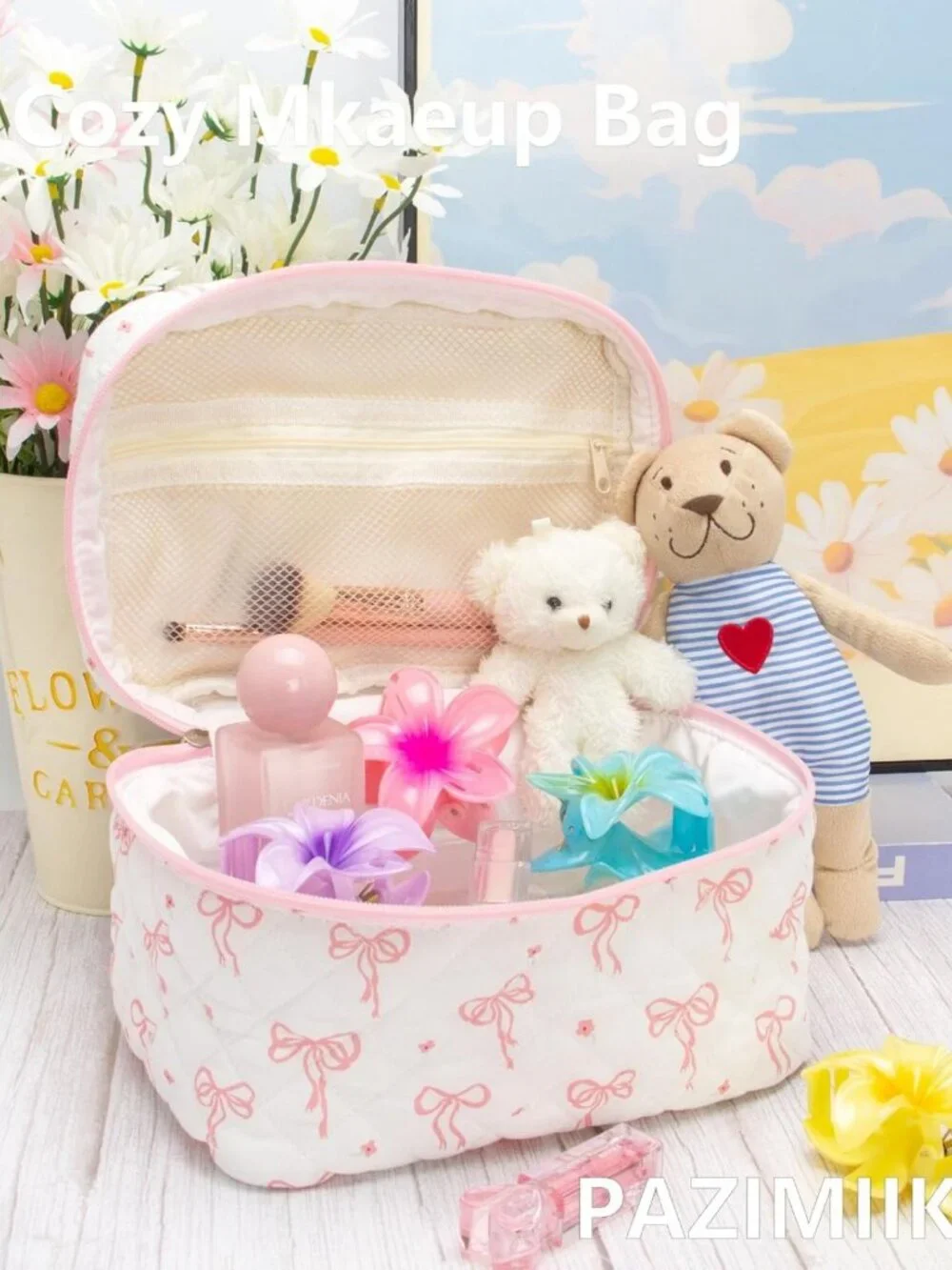 3 Piece Quilted Makeup Bag Set - Cute Zipper Organizer for Cosmetics, Toiletries
